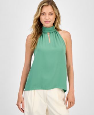 T Tahari - Women's Solid Halter-Neck Keyhole Blouse