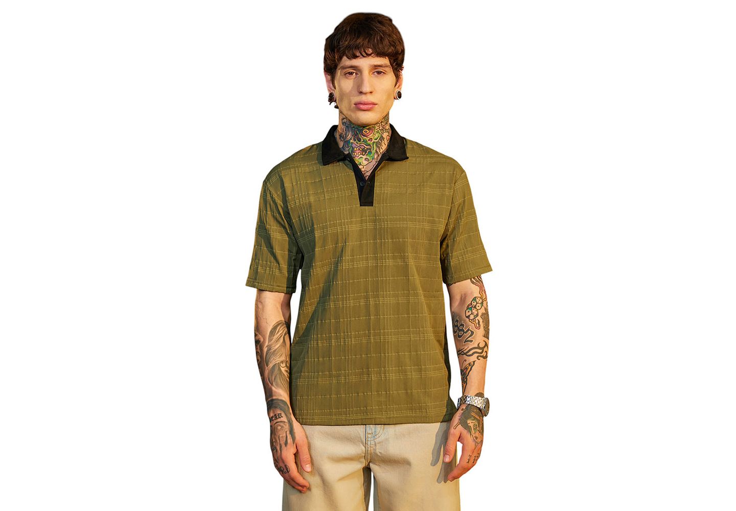 Мужская футболка Cahoot Campus Sutra Olive Green and Onyx Black Contrast Grid Polo, цвет: Зелёный — фото 1