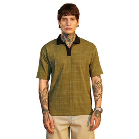 Мужская футболка Cahoot Campus Sutra Olive Green and Onyx Black Contrast Grid Polo, цвет: Зелёный