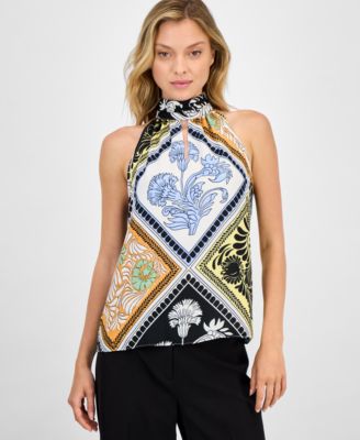 T Tahari - Women's Printed Halter-Neck Keyhole Blouse