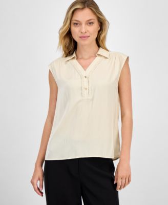Women's Solid Collared Cap-Sleeve V-Neck Blouse