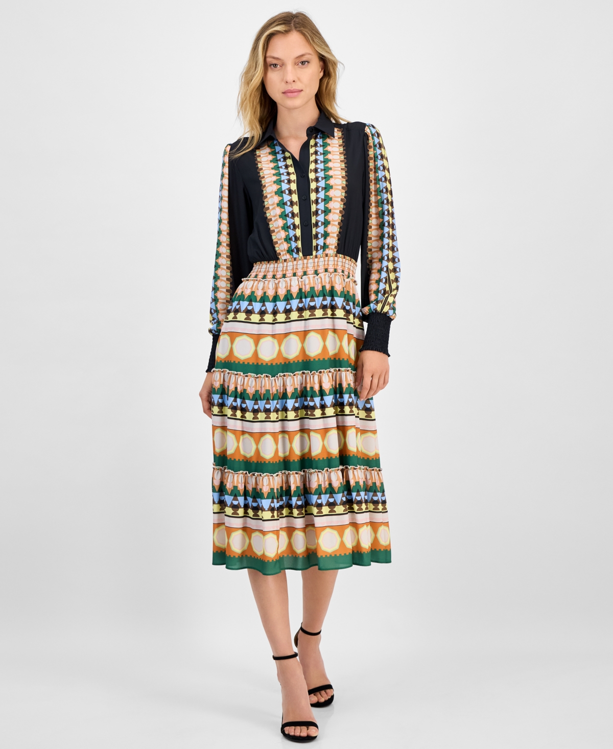 Women's Printed Half-Placket Smocked-Waist Midi Dress - Step Stone