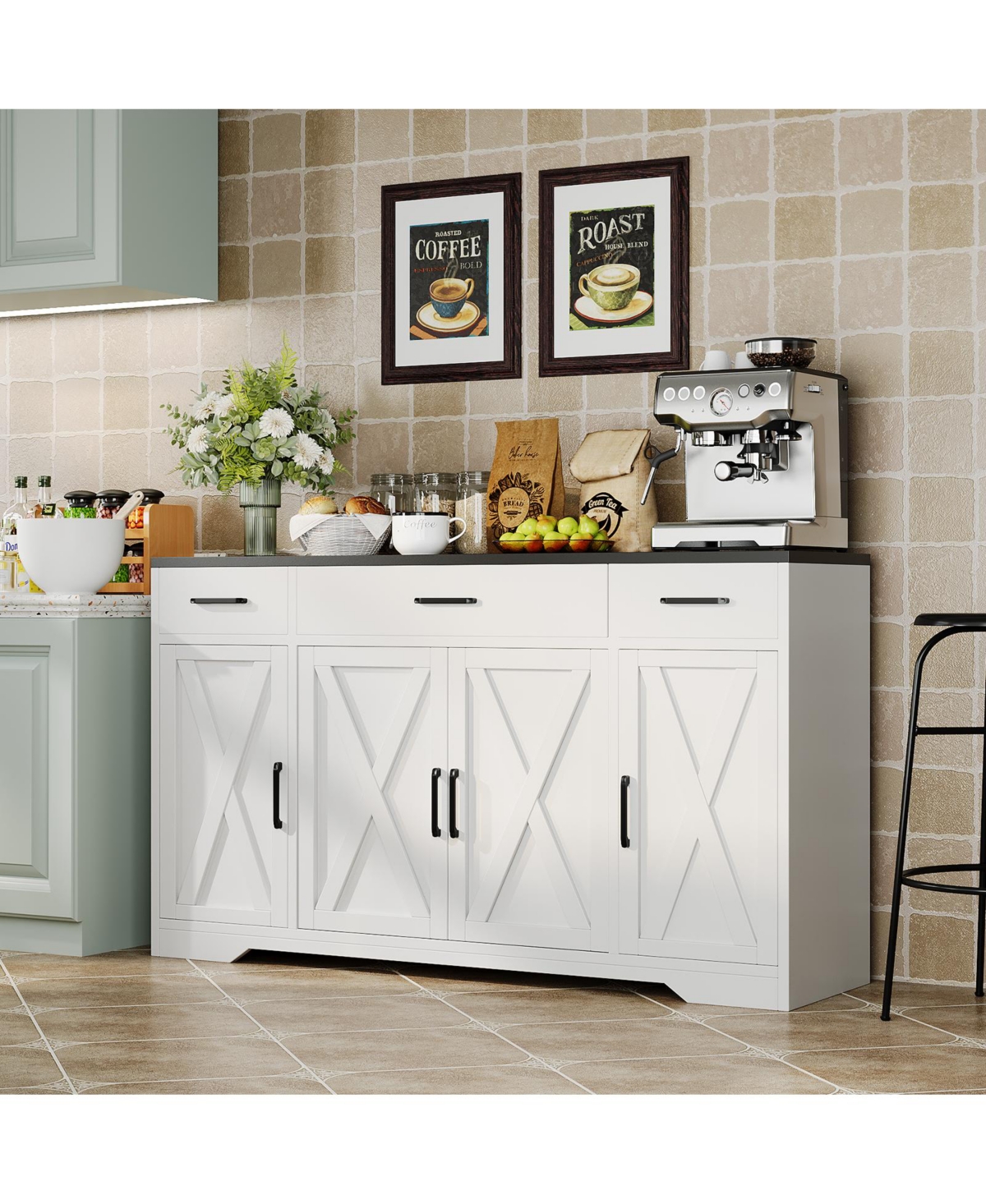 55&#x22;Modern Farmhouse Sideboard Cabinet with 4 Doors & Drawers, Rustic White Wood Coffee Bar Buffet with Adjustable Shelves, Kitchen Storage Cabine