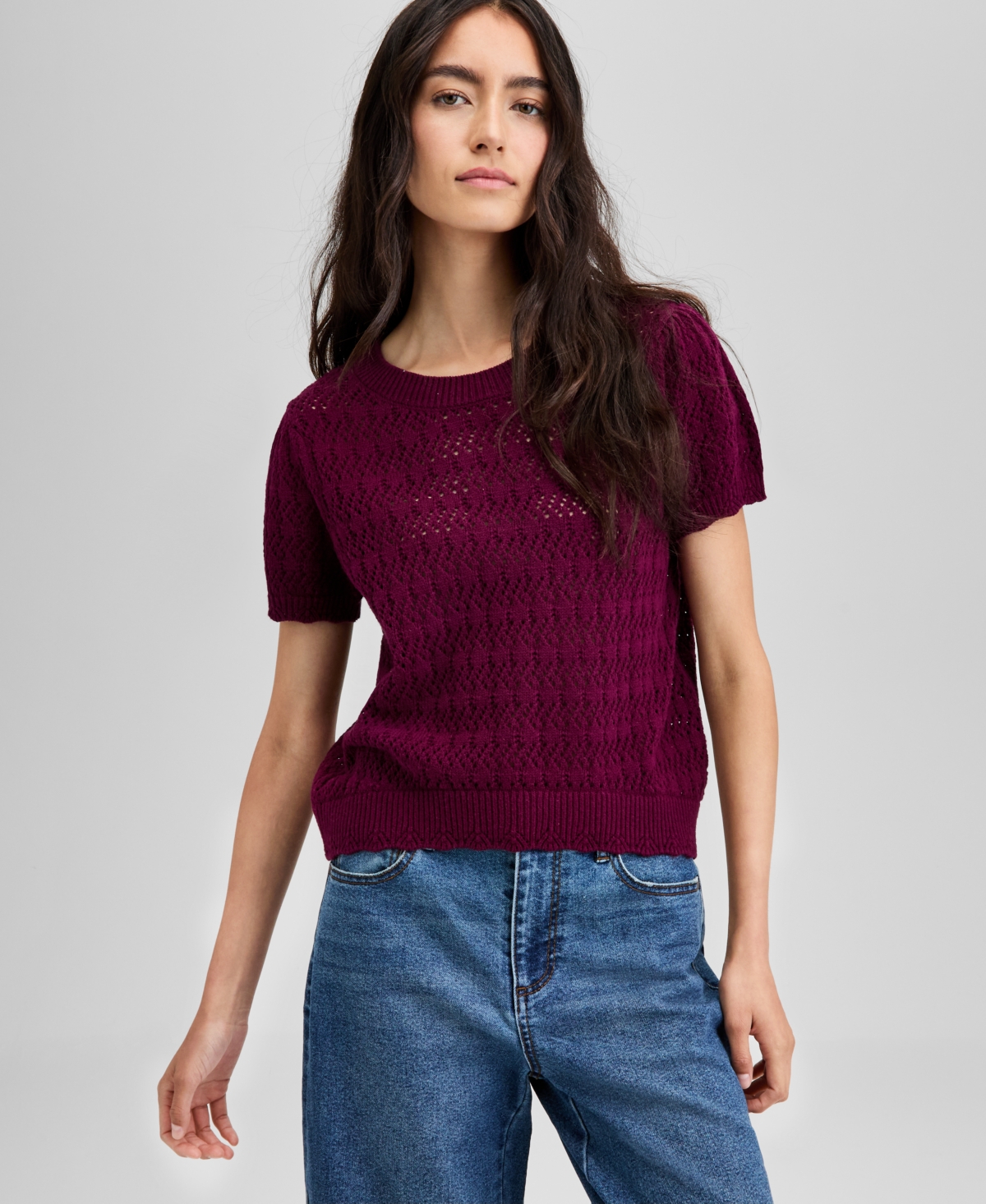 Women's Crewneck Pointelle Short-Sleeve Sweater, Exclusively at Macy's - Deep Cranberry