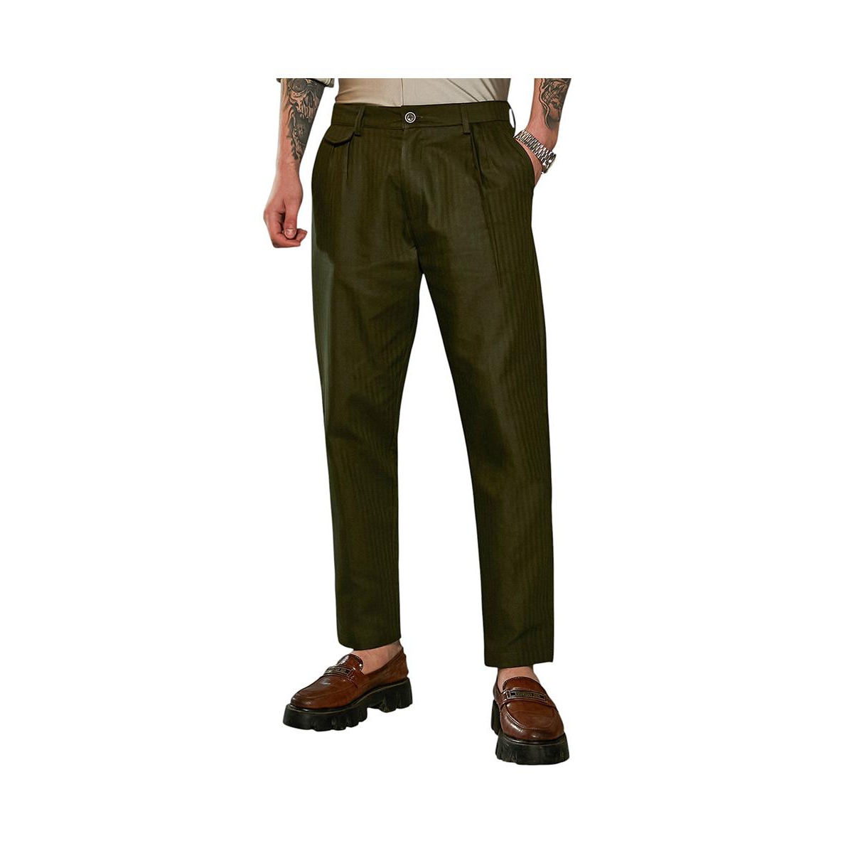 Men's Juniper Green Striped Tailored Trousers - Green