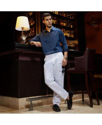 Men's Cream White Ribbed-Pleated Chino Trousers