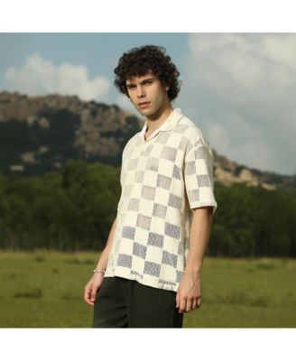 Men's Saltbox Beige Grid Oversized Polo T-Shirt