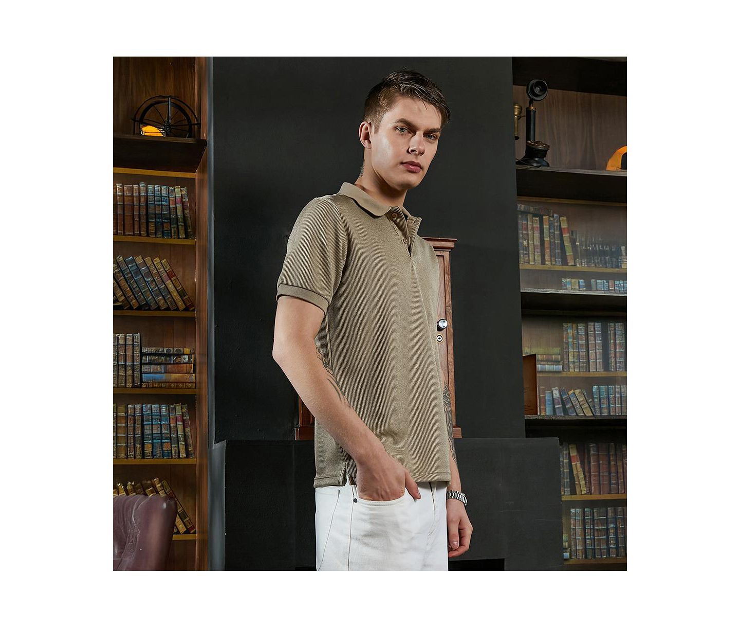 Мужская футболка Cahoot Campus Sutra Camel Beige Solid Ribbed Polo, цвет: Бежевый / Хаки — фото 4