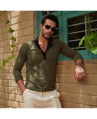 Men's Olive Green & Obsidian Black Textured Cuban Polo T-Shirt