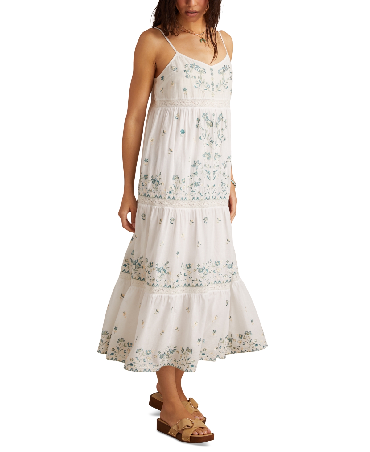 Lucky Brand Women's Embroidered Floral Sleeveless Maxi Dress In White
