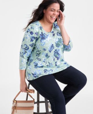 Plus Size Printed 3/4-Sleeve Top, Exclusively at Macy's 