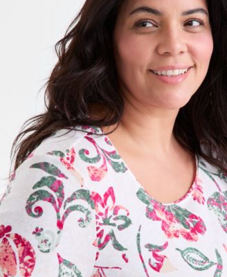 Style & Co Plus Size Printed Scoop-Neck Long-Sleeve Top