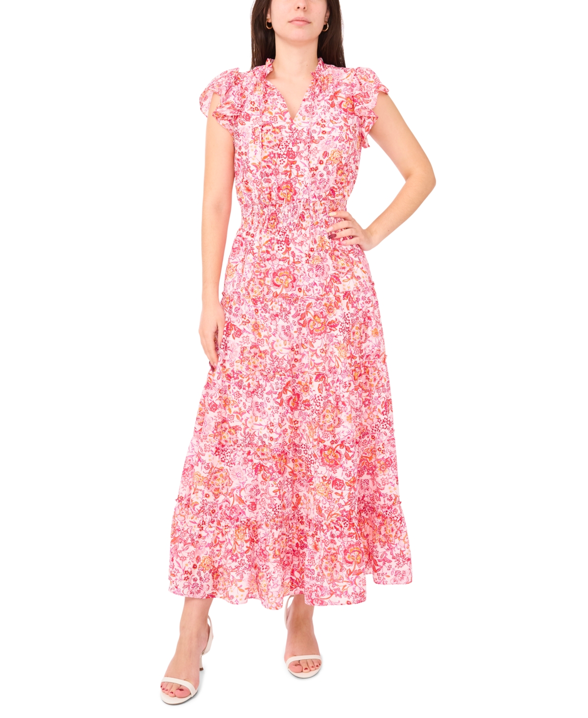 Petite Printed V-Neck Smocked-Waist Maxi Dress - Magenta Rose