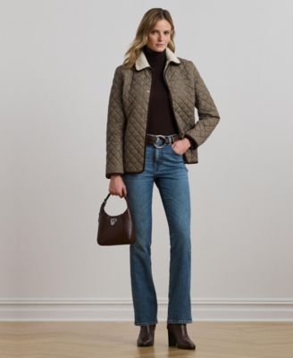 Petite Faux-Sherpa-Collar Quilted Coat