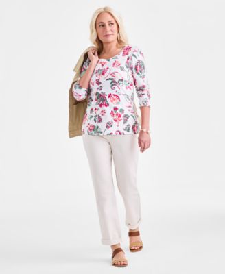 売れ筋商品|||スタイルアンドコー カットソー トップス レディース Women's Printed Scoop-Neck Top, Exclusively at Macy's Bright White Combo Style & Co Women's Printed Long-Sleeve Scoop-Neck Knit Top