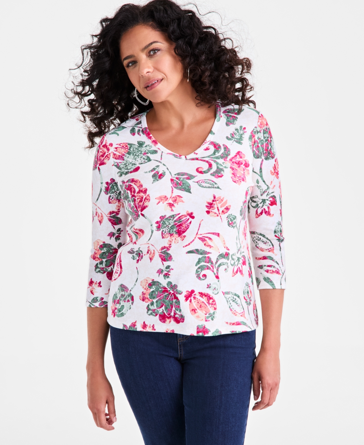 Women's Printed 3/4-Sleeve V-Neck Knit Top, Exclusively at Macy's - Calm Mint Combo