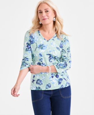 Style & Co - Women's Floral-Print 3/4-Sleeve V-Neck Top