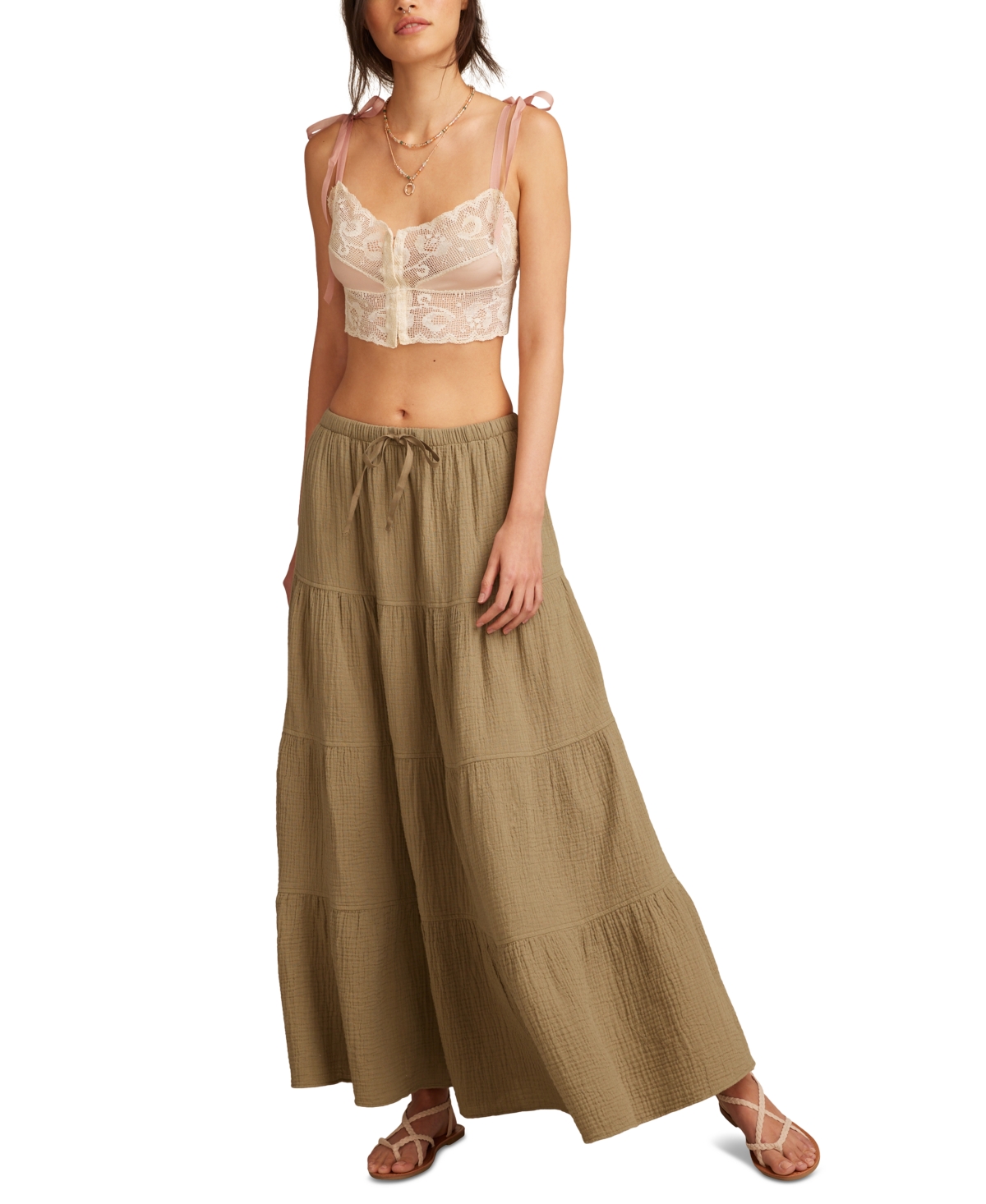 Women's Gauzy Tiered Cotton Maxi Skirt - Dusty Olive
