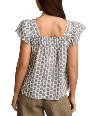 Women's Square-Neck Smocked Cotton Peasant Top