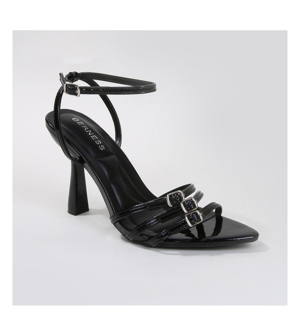 Chic Triple Buckle Patent Heeled Sandals - Black