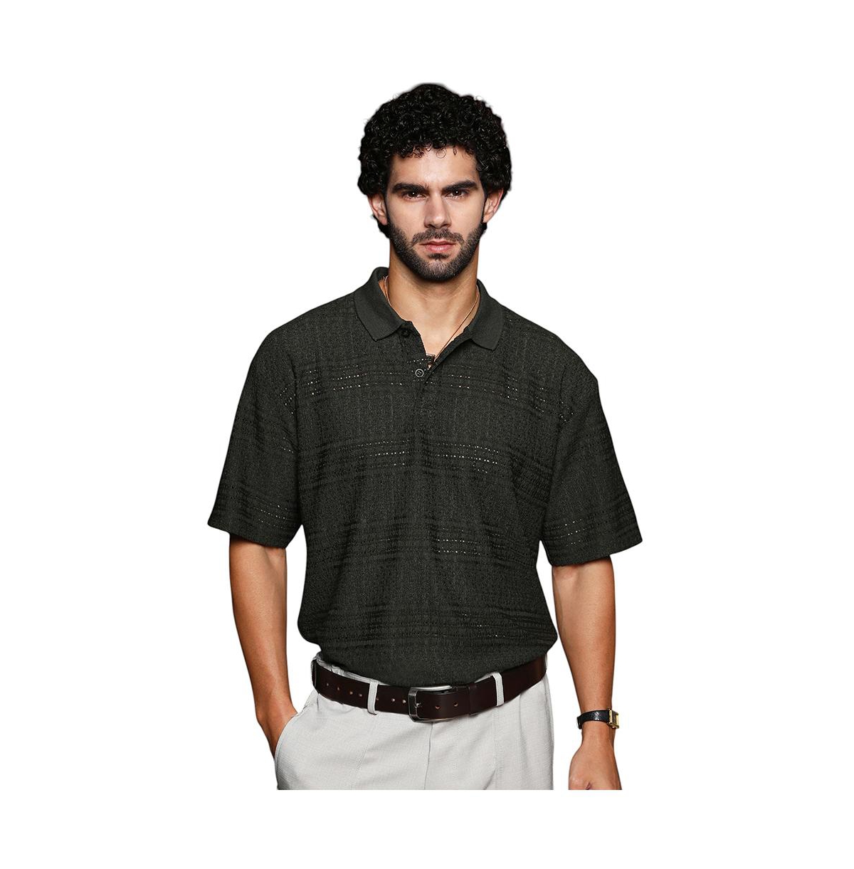 Men's Midnight Black Bohomian Oversized Polo T-Shirt - Black