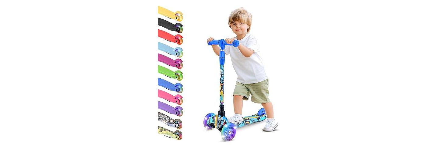 Детская игрушка Hurtle 3-Wheel Mini Kickboard Scooter for Kids - Adjustable Handlebar, LED Light-Up Wheels, Ages 2-5 - Graffiti Design — фото 1