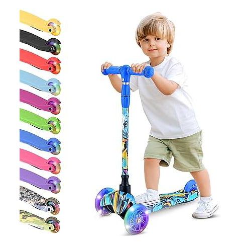 Детская игрушка Hurtle 3-Wheel Mini Kickboard Scooter for Kids - Adjustable Handlebar, LED Light-Up Wheels, Ages 2-5 - Graffiti Design