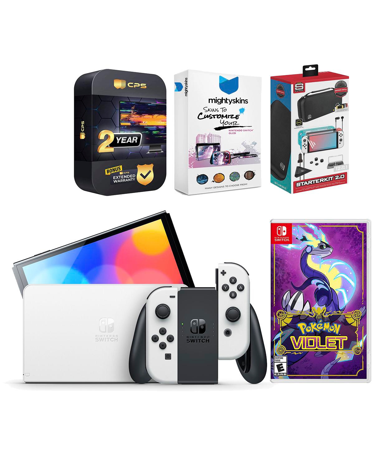 Nintendo Switch White Oled Console with Pokemon Violet, Surge Accessory Gaming Kit, MightySkins Console and Controller Skin Voucher and 2 Year Cps Ext