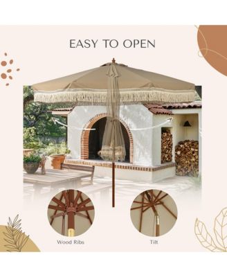 BOHO 9' Fringe Patio Umbrella with Tassels UPF50+ Boho Style 5-Year-Non-Fading for Outdoor Yard Market Mocha Meander
