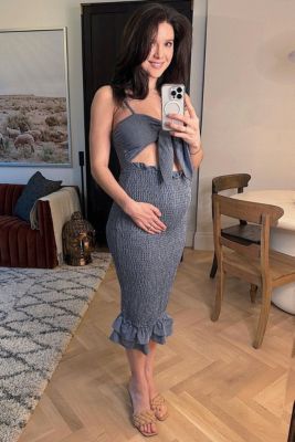 Women's Green Gingham Print Smocked Fitted Self-Tie Maternity Midi Dress