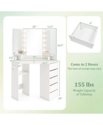 Wood Corner 3-Color LED Lighted Mirror Vanity Desk with Power Outlet