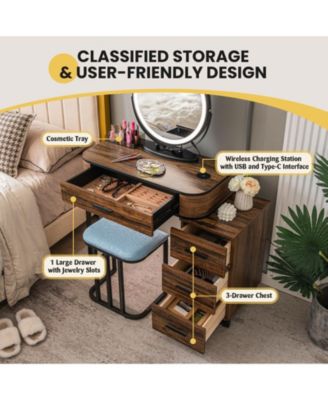 2-Pc. Wood 3-Color Lighted Mirror Vanity Table Set with Charging Station