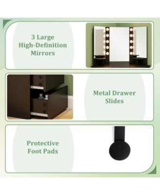 Corner Vanity Desk with 3-Color LED Lighted Mirror and Power Outlet