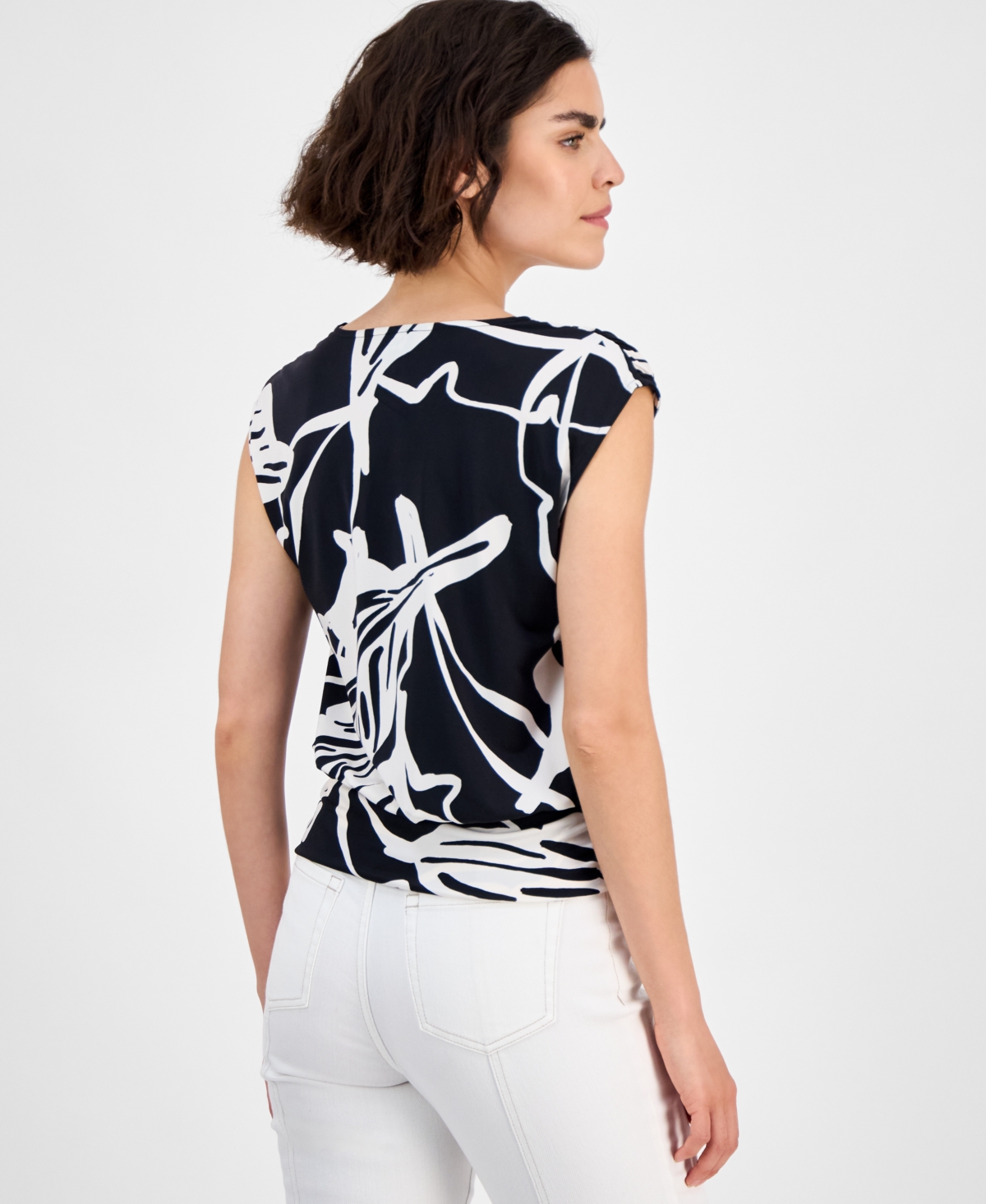 Inc International Concepts Petite Printed Banded-hem Sleeveless Top, Exclusively At Macy's In Black