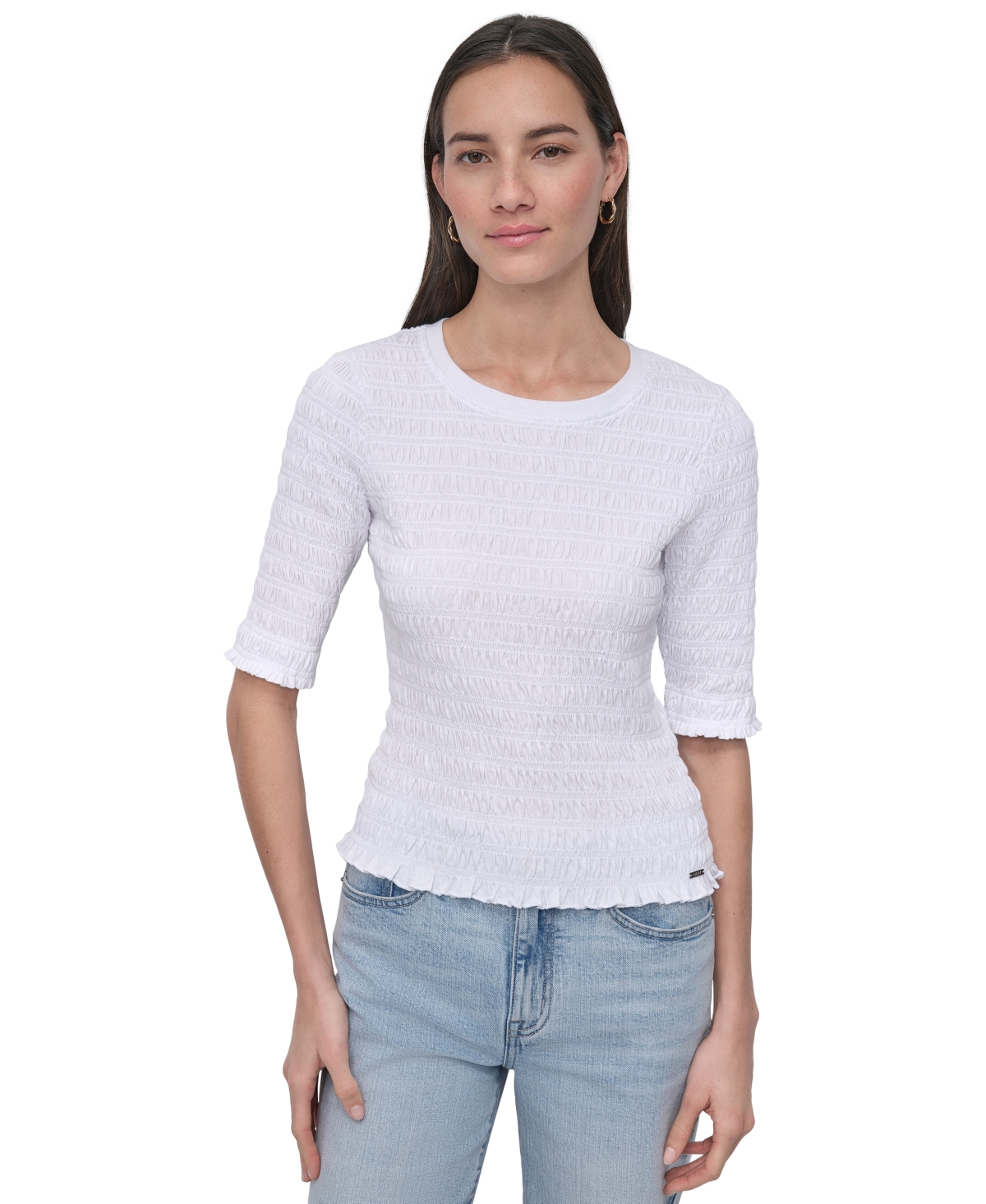 Women's Smocked Cotton Elbow-Sleeve Top - White
