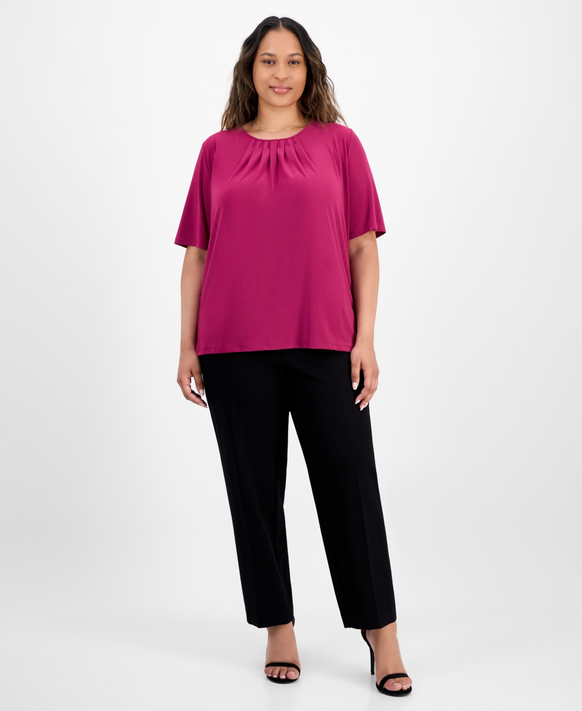 Kasper Plus Size Elbow-sleeve Pleated-neck Top