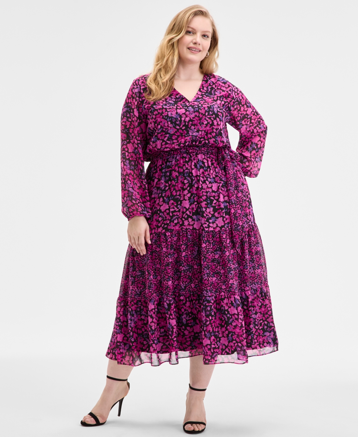 Kasper Plus Size Printed Blouson-sleeve Midi Dress