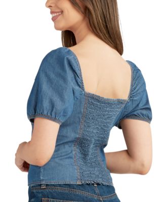 Juniors' Denim Puff-Sleeve Sweetheart-Neck Top