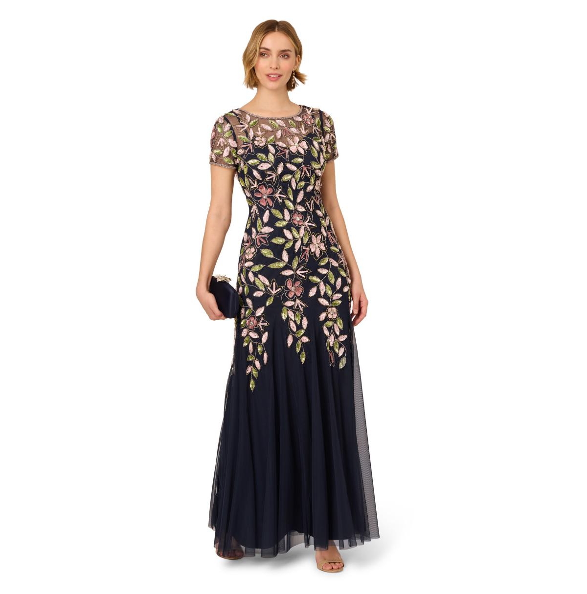 Women's Vine Sequin Short Sleeve Mesh Gown - Navy Multi