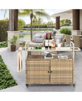 Wicker Bar Cart with Ice Bucket & Steel Top