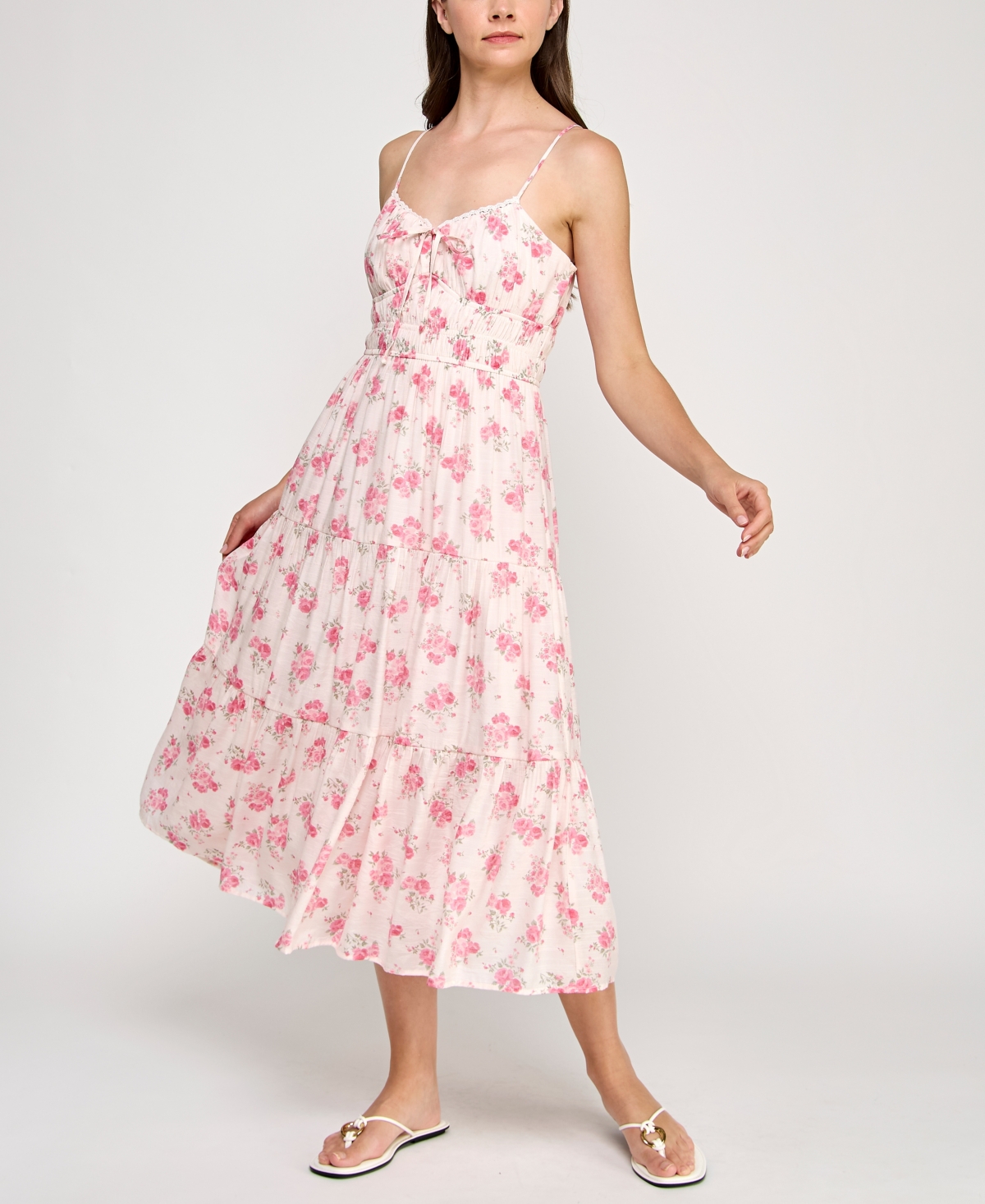 Juniors' Printed Spaghetti-Strap Midi Dress - White Pink Floral