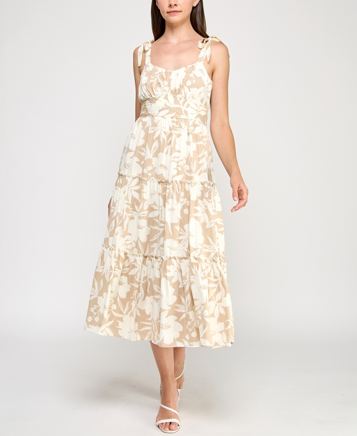 Juniors' Printed Ruffled Sleeveless Midi Dress - Natural white