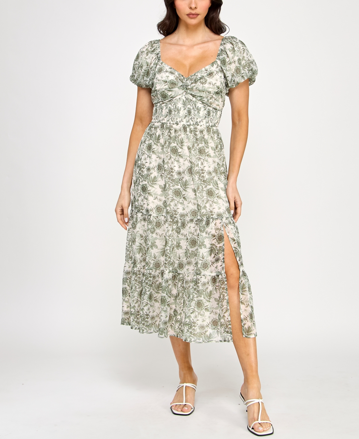 Juniors' Printed Sweetheart Slit Puff-Sleeve Midi Dress - Off White Floral