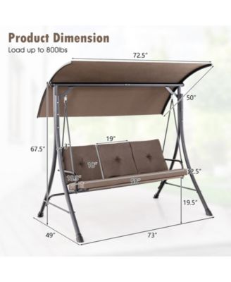 3-Seat Outdoor Porch Swing w/ Adjustable Canopy Thickened Cushions Metal Frame