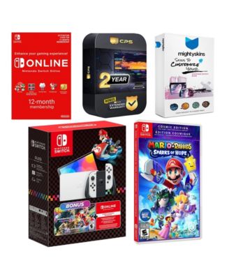 Switch OLED Console Mario Kart 8 Bundle with Mario + Rabbids Sparks of Hope Cosmic Edition, NSO 12 Month Family Membership, MightySkins Conso