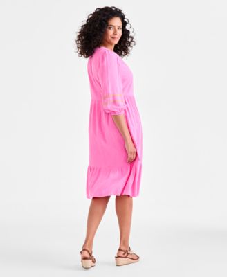 Women's V-Neck 3/4-Sleeve Tiered Midi Dress, Exclusively at Macy's 