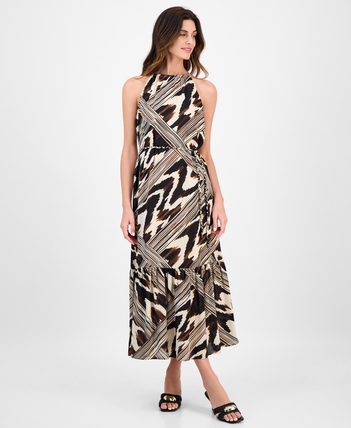 Women's Printed Halter-Neck Sleeveless Midi Dress - Ivory Shell Multi