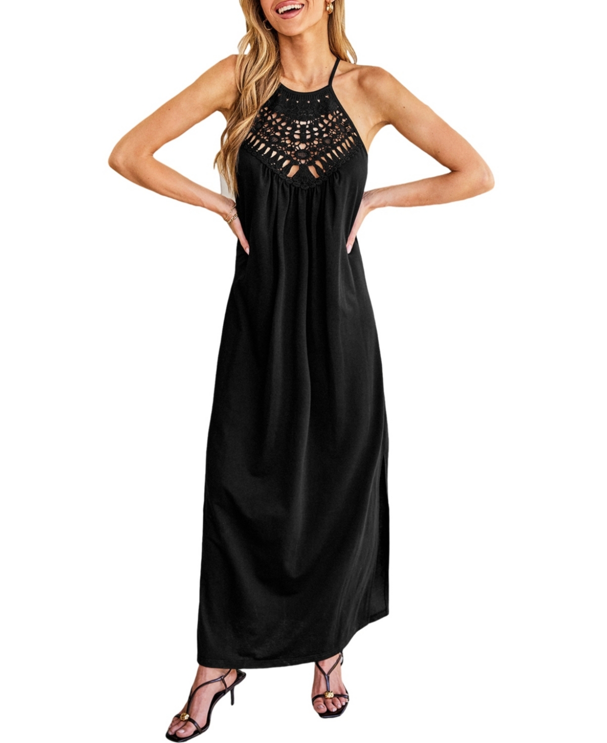 Women's Bohemian Lace Maxi Beach Dress - Black