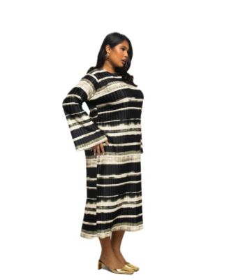 Women's Long Sleeved Striped Plisse Midi Dress