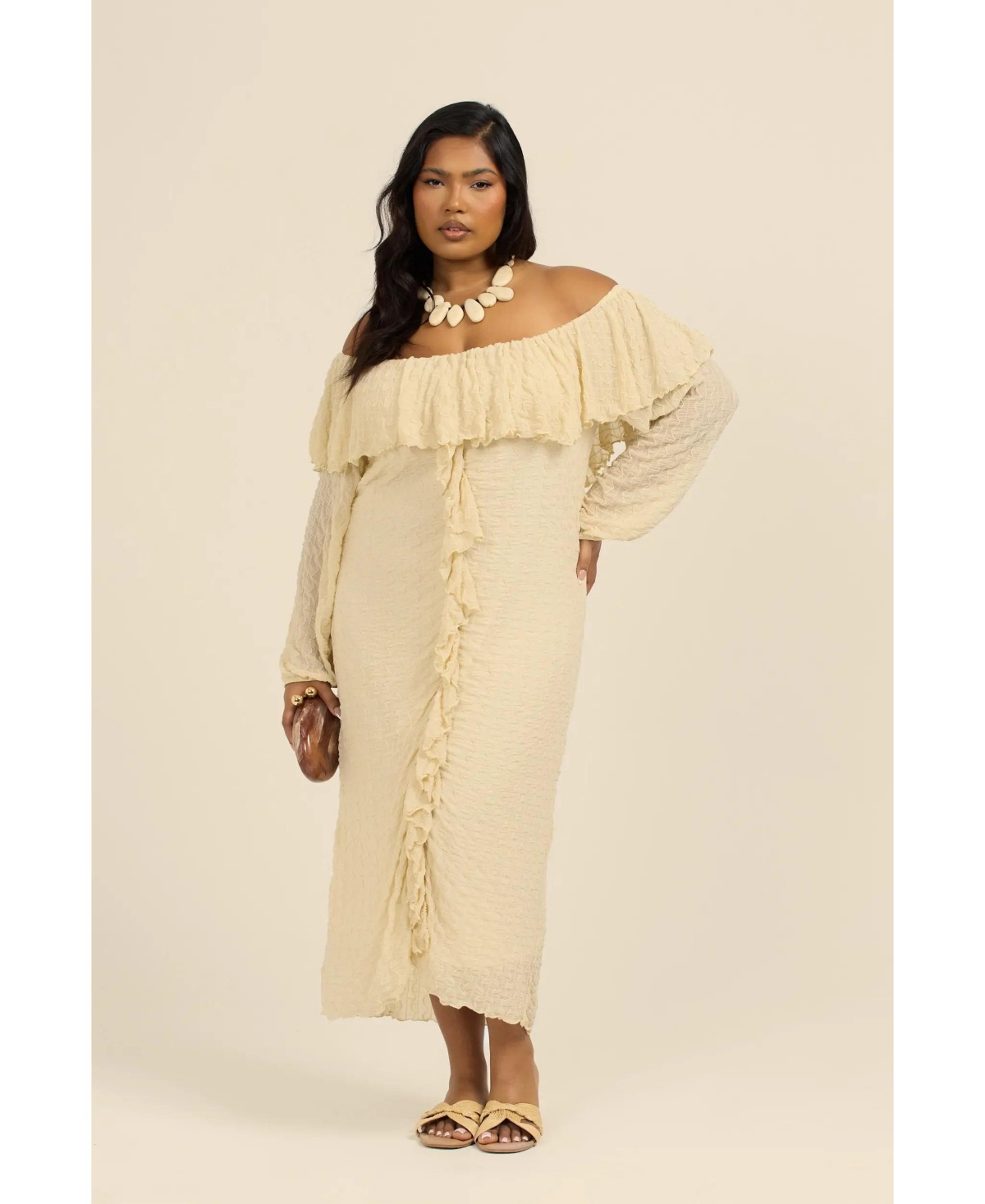 Plus Size Long Sleeve Ruffle Bardot Midi Dress - Beige